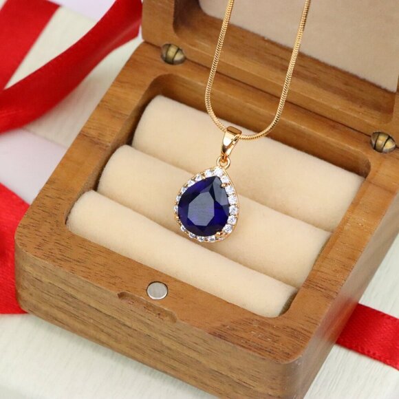 "Teardrop Deep Blue Pendant with Crystal Halo in Rose Gold Finish, XPPT1617 - Picture 5 of 13